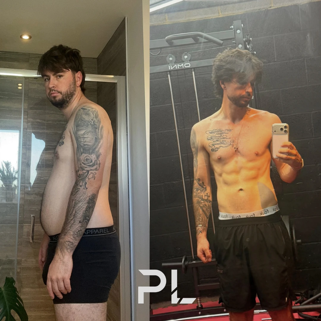 Client before and after: tattooed client, from soft to visible abs
