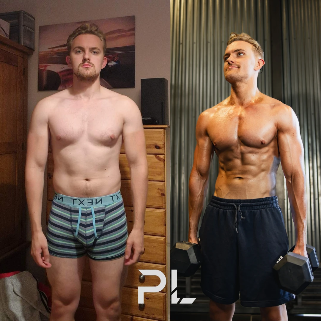 Client before and after: from soft to defined, holding dumbbells