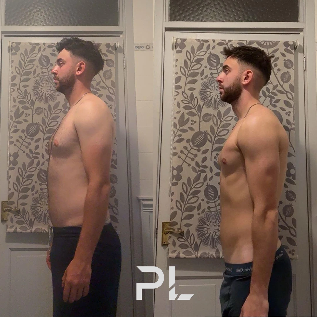 Client before and after: side view against the same door