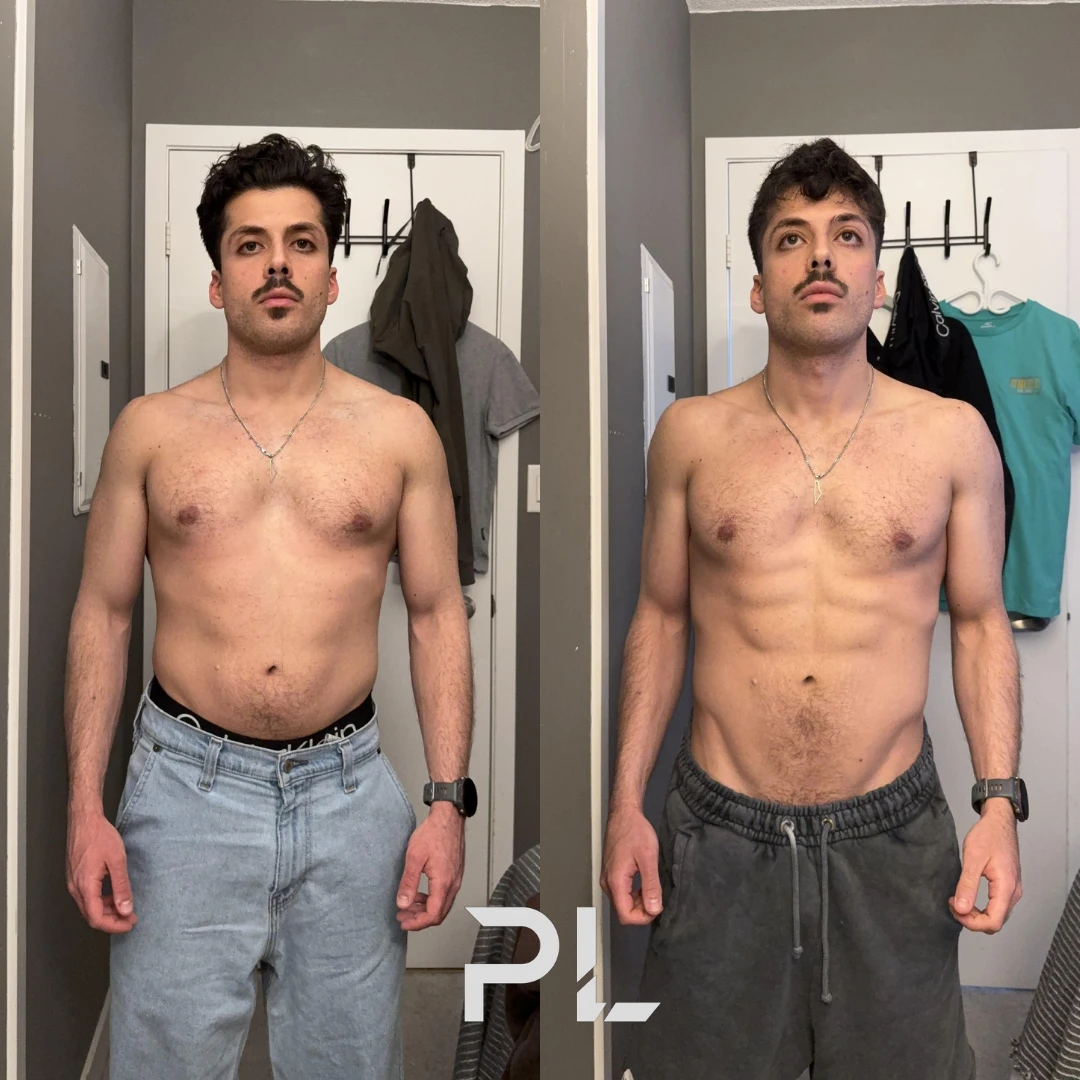 Client before and after: front view, leaner and more defined