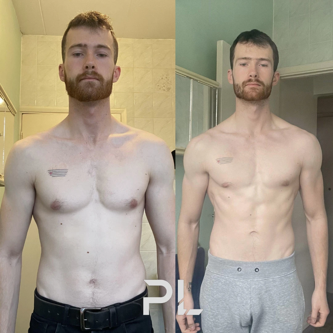 Client before and after: front view, leaner with visible abs