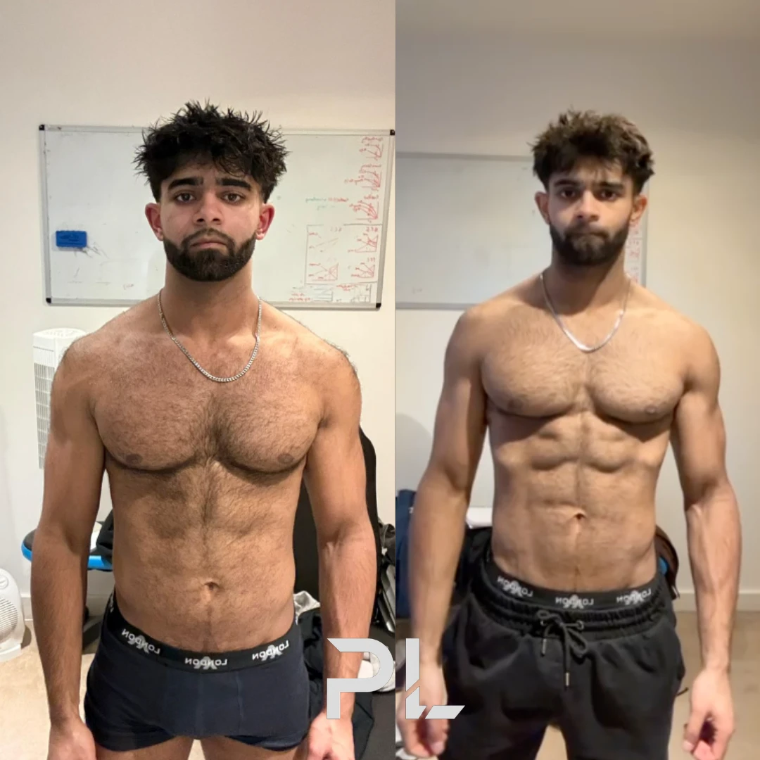 Client before and after: front view, much more muscular