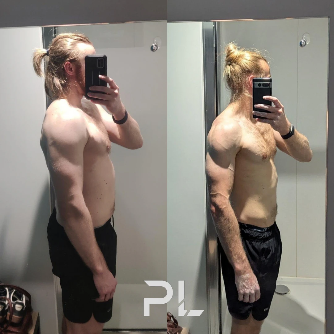 Client before and after: side view, leaner and more muscular