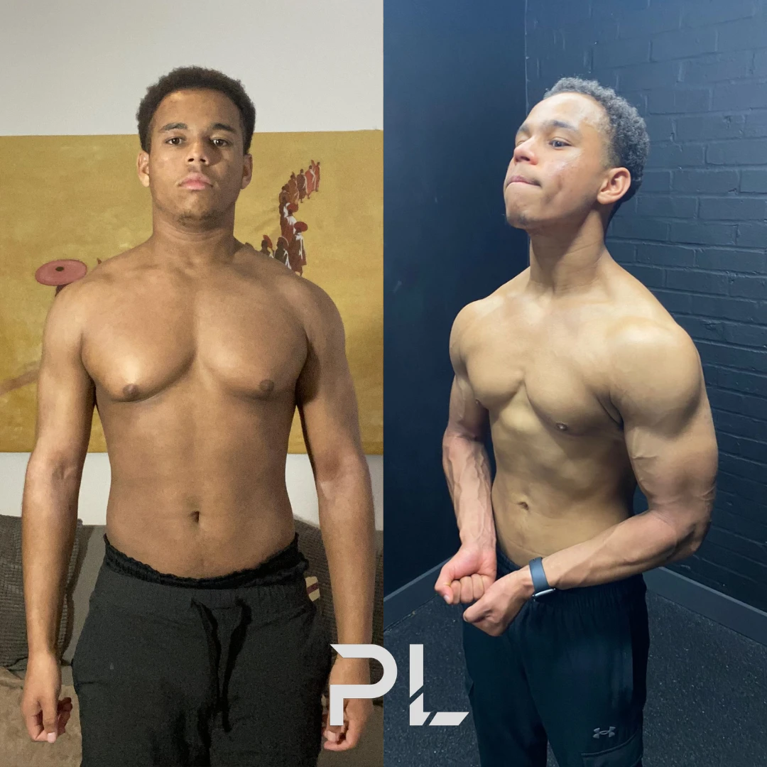 Client before and after: from soft to muscular, flexing