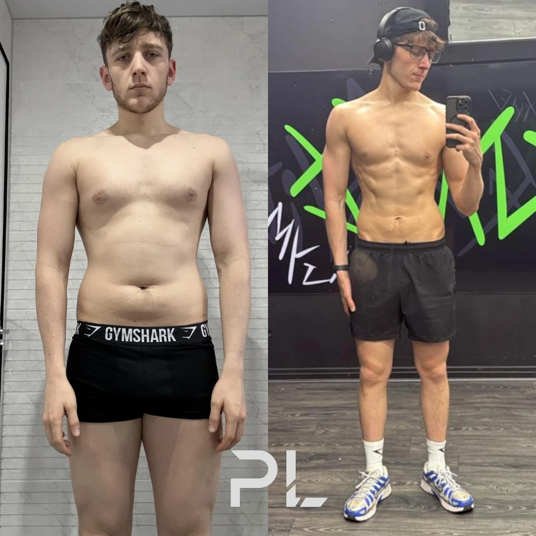 Client before and after: front view, lean with visible abs