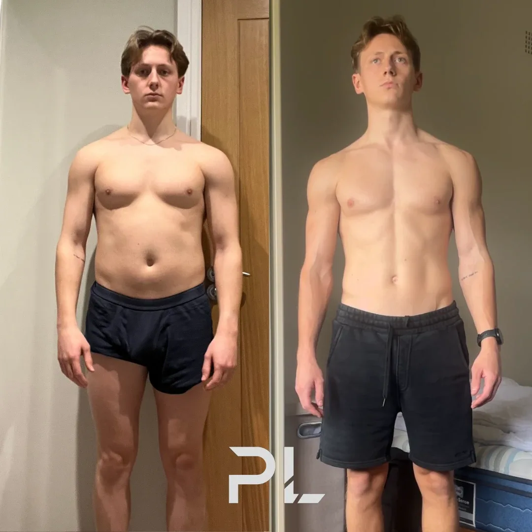 Client before and after: front view, from soft to lean and defined
