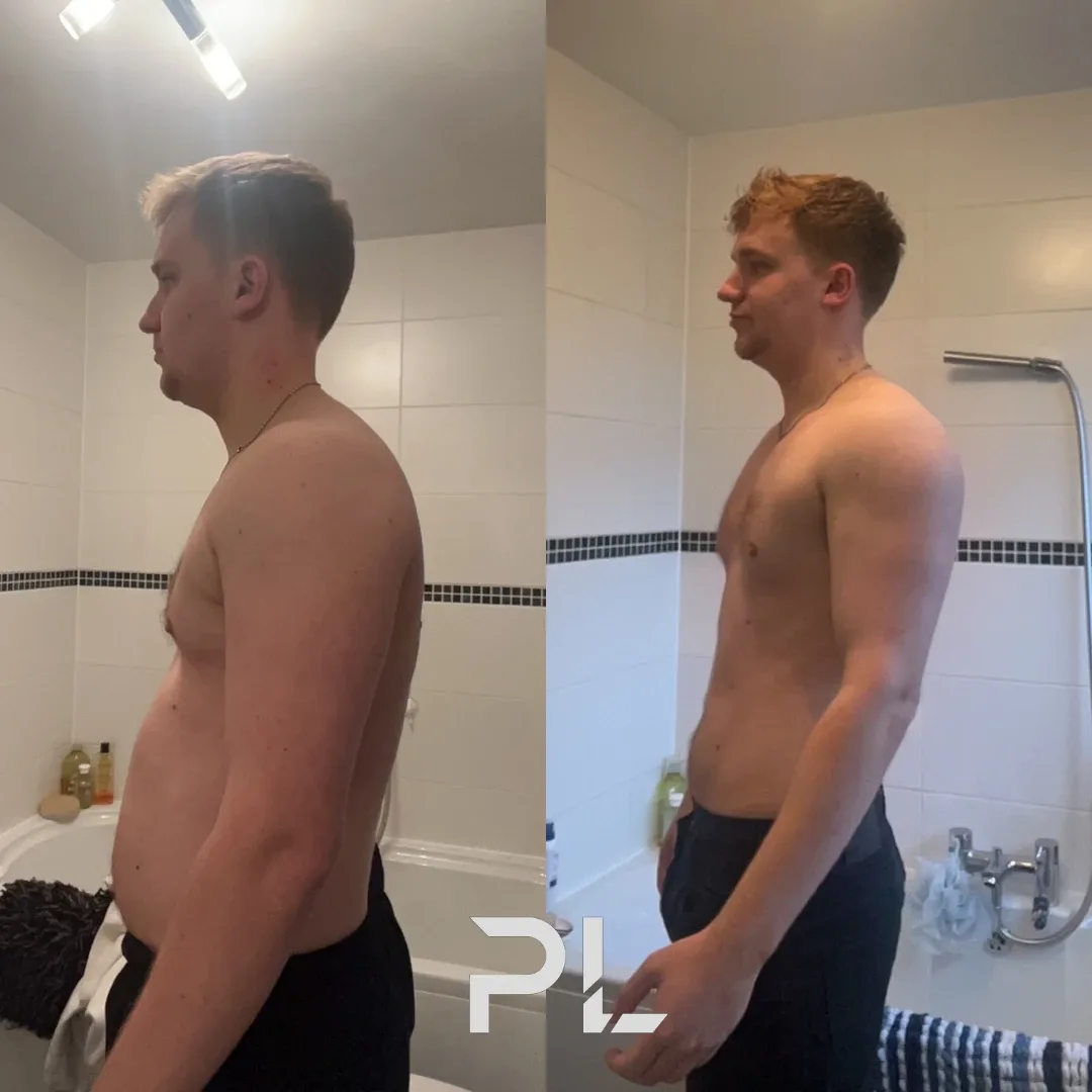 Client before and after: side view, flatter stomach and bigger shoulders