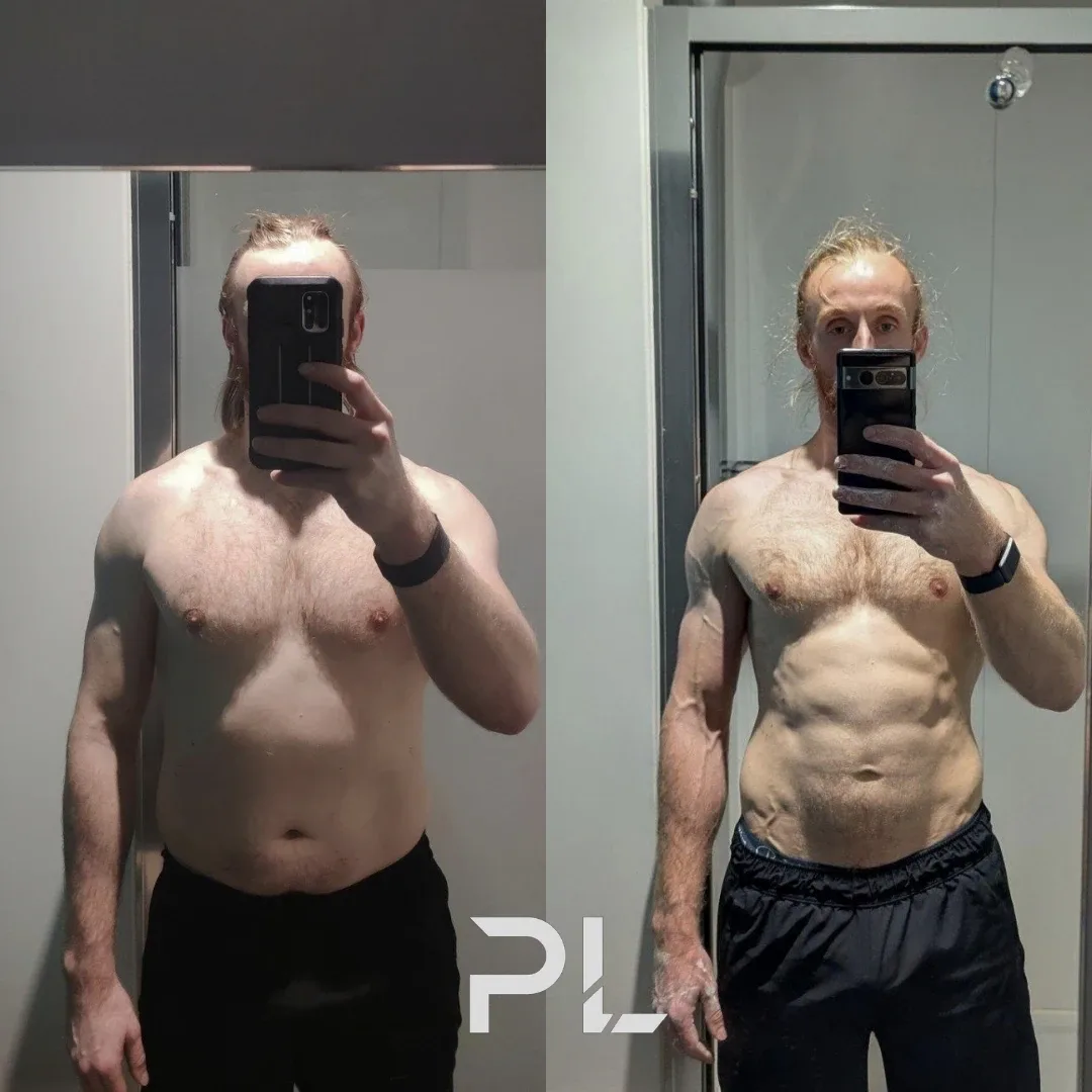 Client before and after: mirror selfie, from soft to visible abs