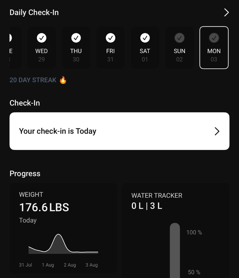 Coaching app home screen: daily check-ins ticked off, a 20-day streak, today's check-in and a weight trend